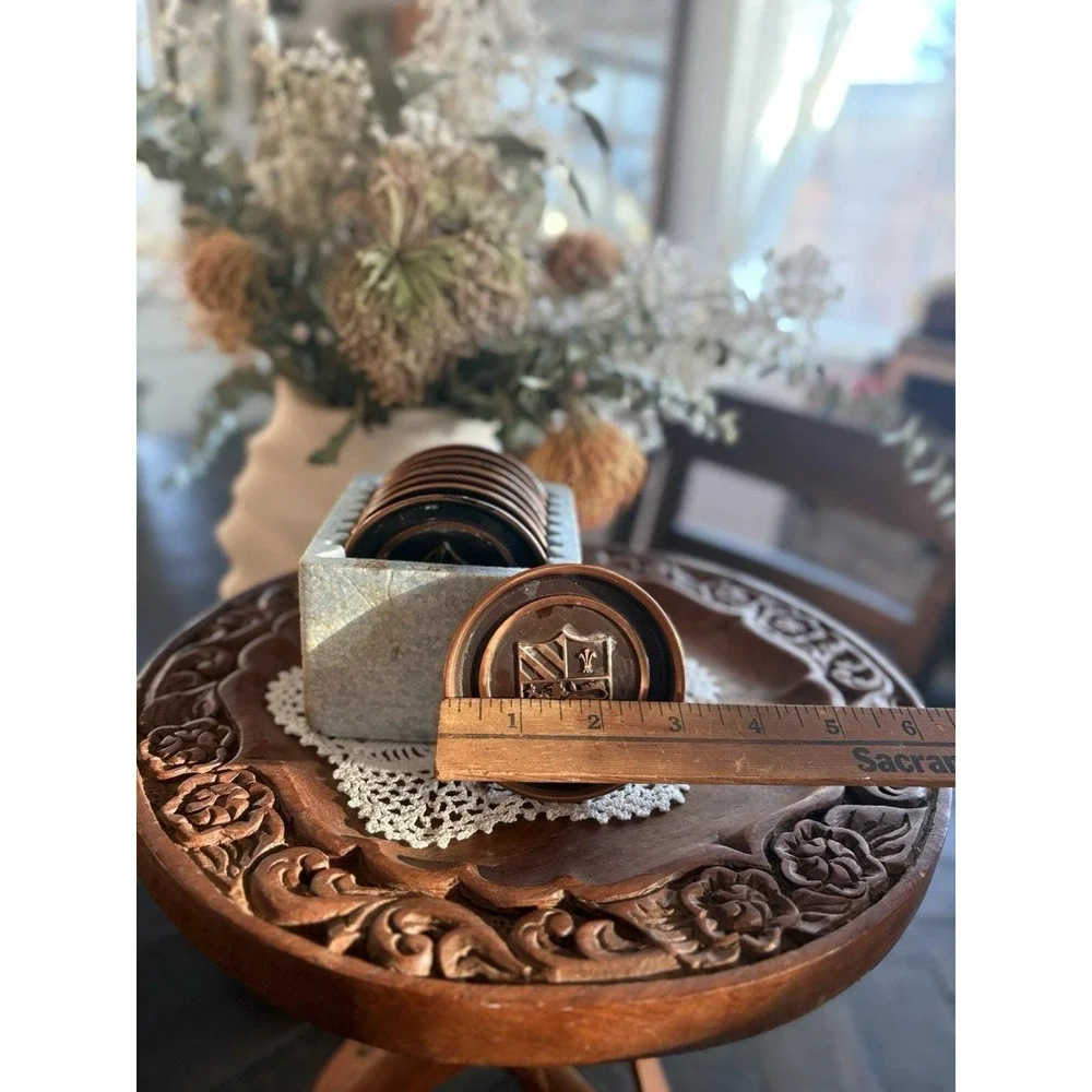 Vintage Hyde Park Copper Metal Coasters Set of 8 Heraldic Crest Shield Caddy MCM